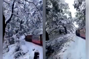 कालका-शिमला रेल रूट पर बर्फबारी, पर्यटकों के लिए बना आकर्षण का केंद्र