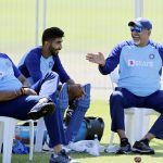 Indian pacer Jasprit Bumrah, Head Coach Ravi Shastri (L) and Bowling Coach Bharat Arun during a practice session