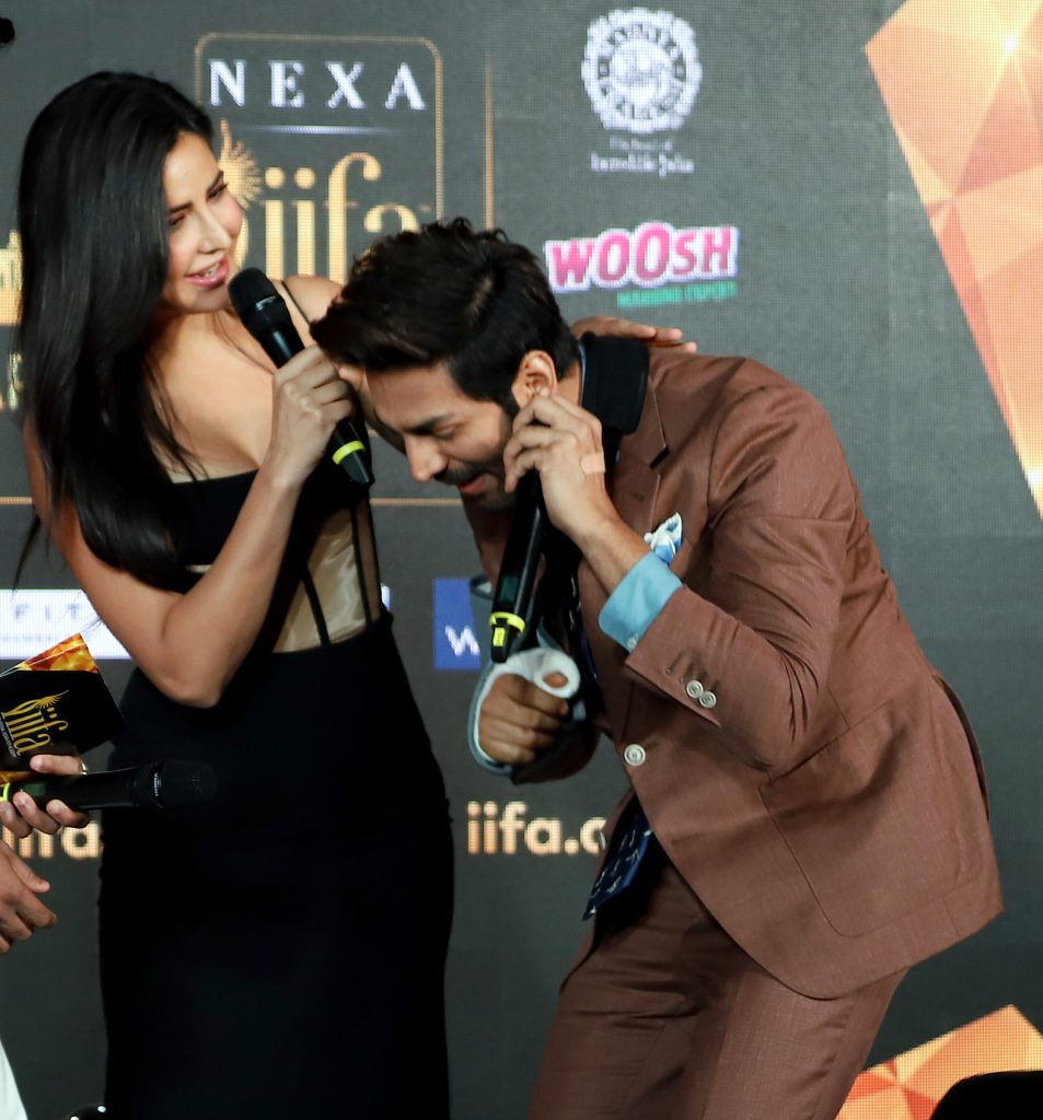 Bollywood actors Katrina Kaif and Kartik Aaryan during the NEXA IIFA awards
