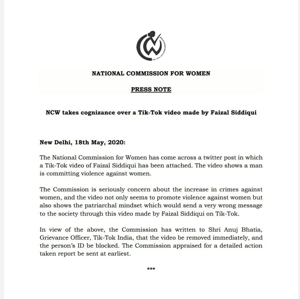 NCW writes letter to Tiktok, accusing Tiktokar Faisal Siddiqui of ...