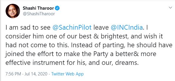 Shashi tharoor tweet on sachin pilot