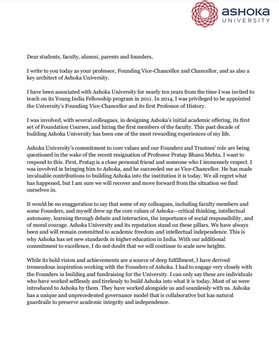 Ashoka University letter
