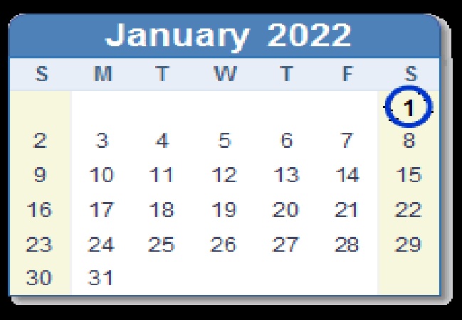 2022 january calender