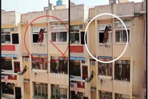Ghaziabad: चौथी मंजिल की रेलिंग के सहारे लटककर खिड़की साफ करती दिखी महिला, Video वायरल