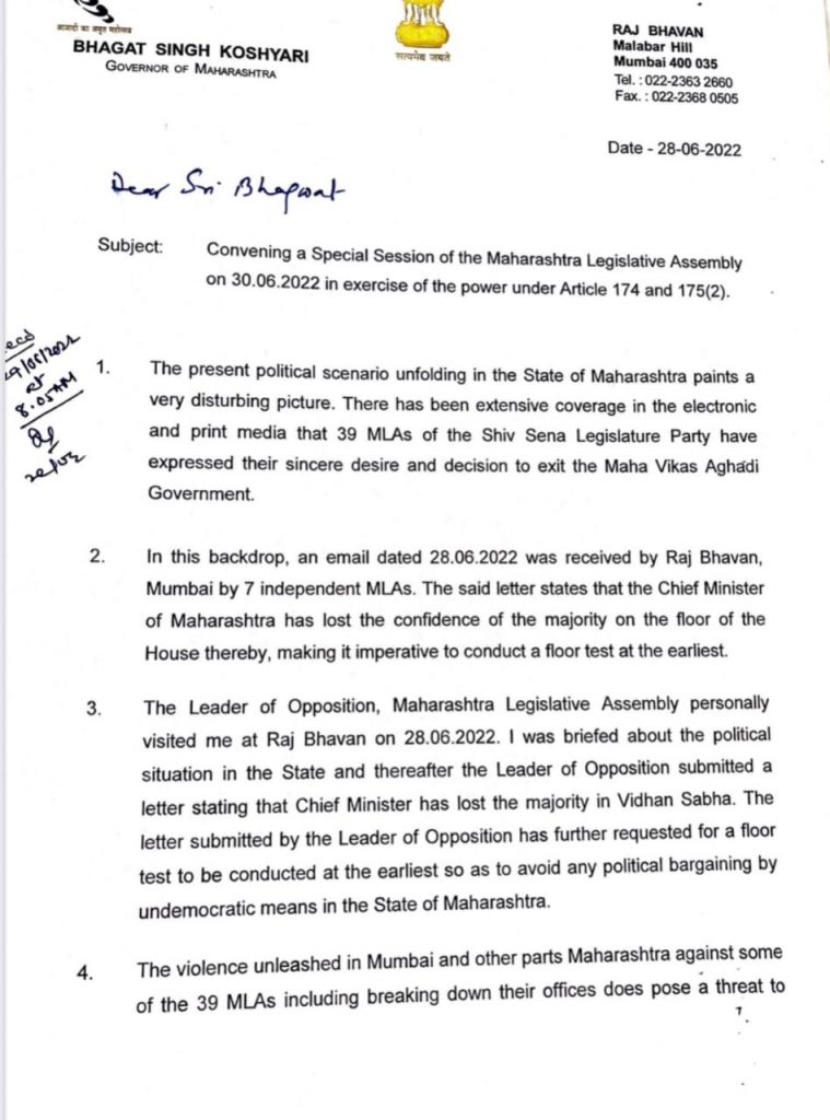 maharashtra governor letter