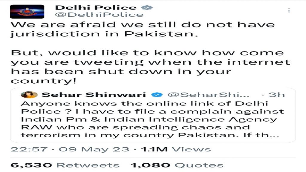 delhi police tweet on sehar shinwari
