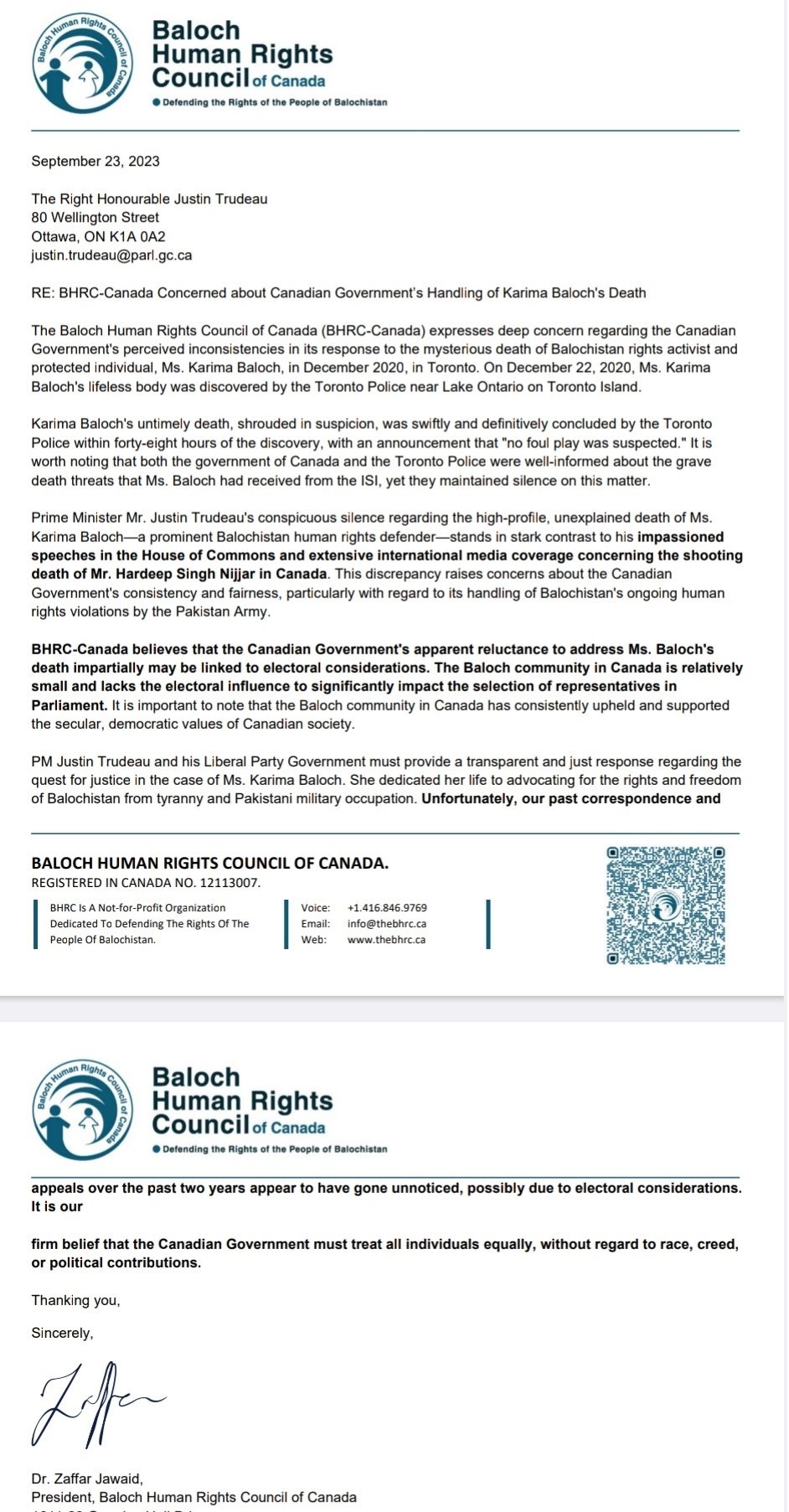 baloch letter to justin trudeau