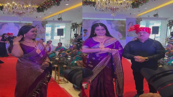 पर्पल साड़ी और ढेर सारा सोना पहन काजल राघवानी ने किया रैंप वॉक, देखने के लिए उमड़ी भीड़