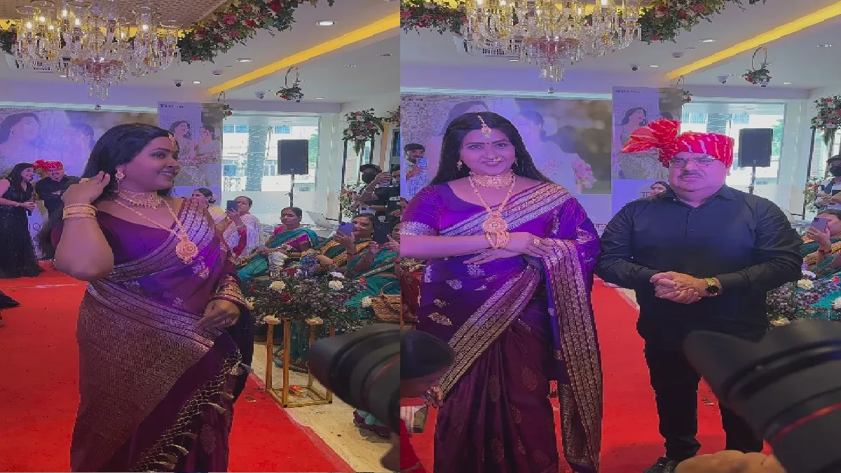 पर्पल साड़ी और ढेर सारा सोना पहन काजल राघवानी ने किया रैंप वॉक, देखने के लिए उमड़ी भीड़