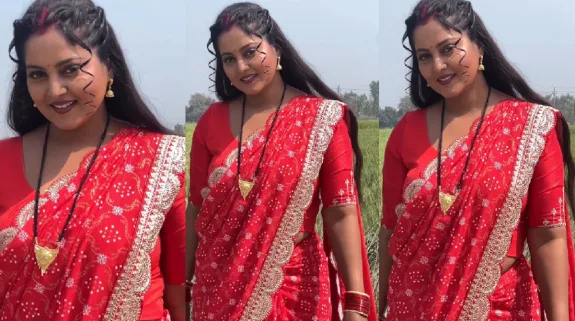 अंजना सिंह को नैहर जाने की हुई जल्दी, धान के खेतों के बीच लाल साड़ी में ऐसे दिखीं एक्ट्रेस