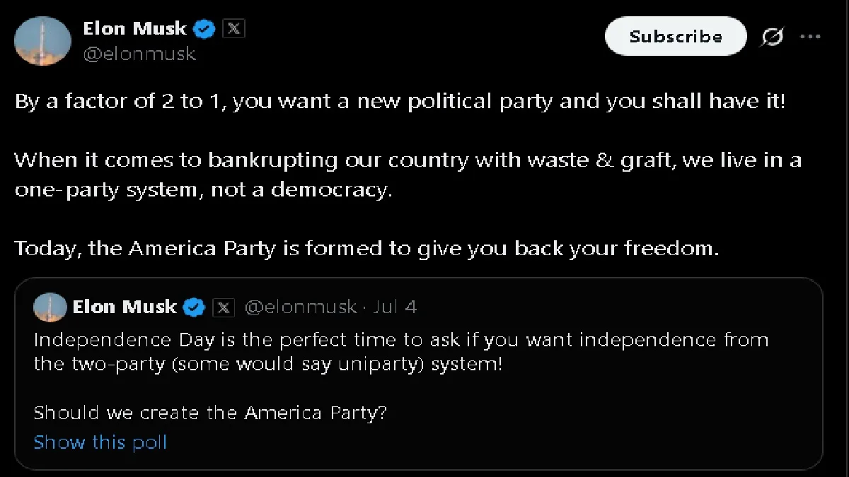 Elon Musk New Party: डोनाल्ड ट्रंप से नाराज एलन मस्क ने 'अमेरिका पार्टी'  नाम से नया दल बनाने का एलान किया, लोगों से कहा- आपकी आजादी वापस करने के लिए  ...